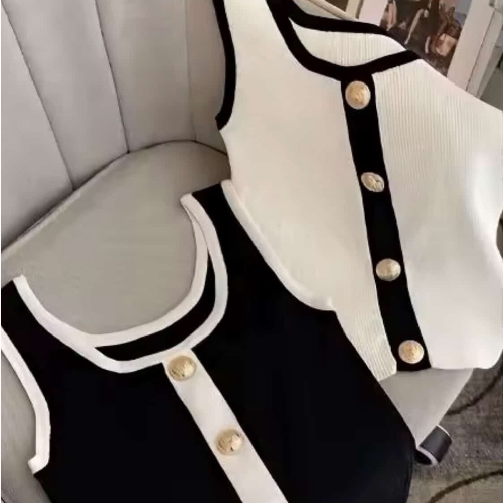Balmain Black and White Buttoned Tank Top
